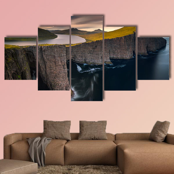 Sorvagsvatn lake on cliffs of Vagar island in sunset, Faroe Islands wall art