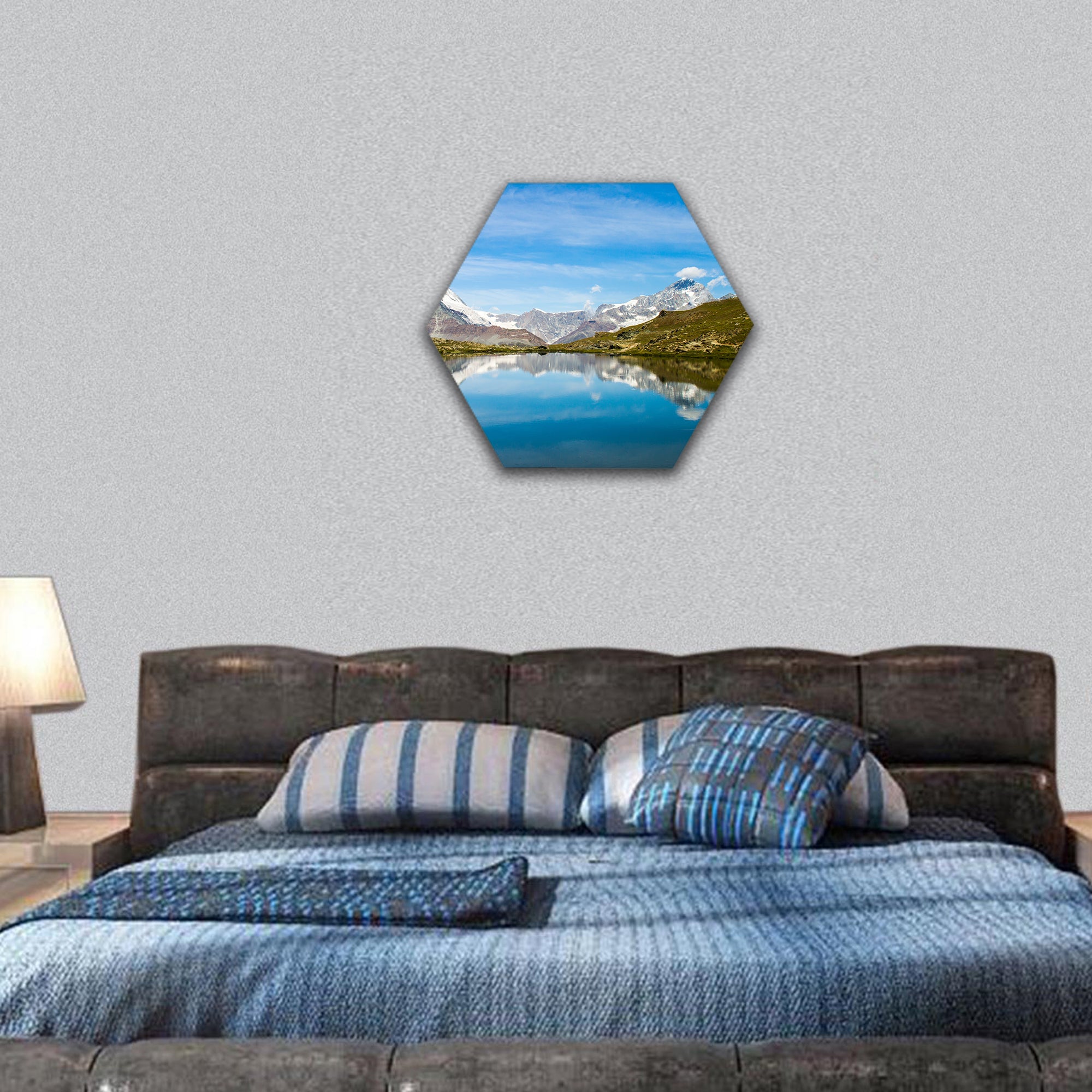 Matterhorn in lake during autumn , Switzerland hexagonal canvas wall art