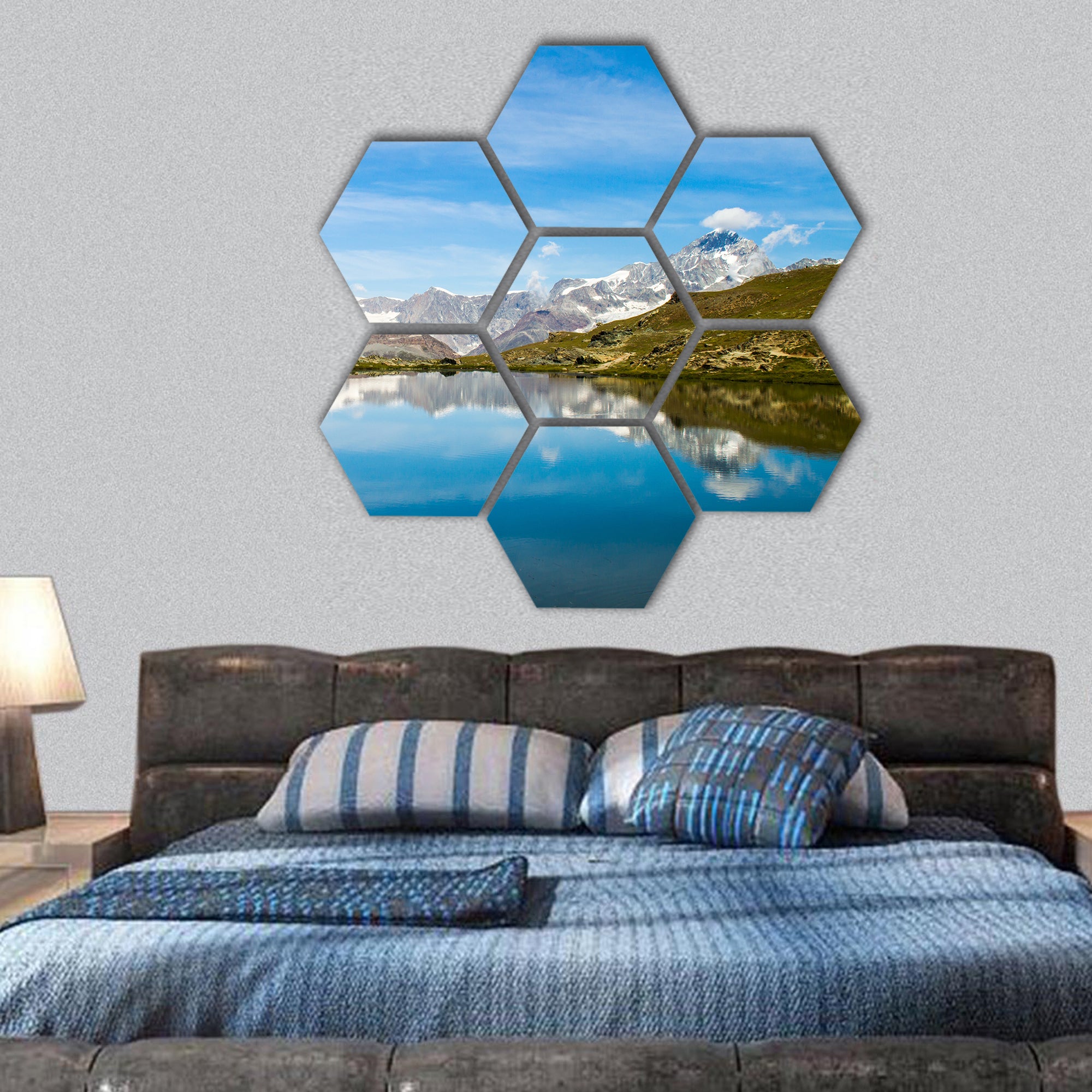 Matterhorn in lake during autumn , Switzerland hexagonal canvas wall art