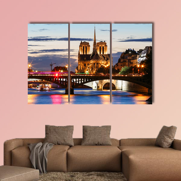 Notre Dame Cathedral at night, Paris, France multi panel canvas wall art