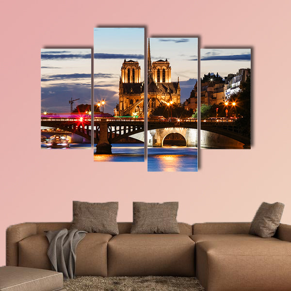 Notre Dame Cathedral at night, Paris, France multi panel canvas wall art