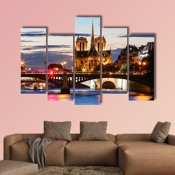 Notre Dame Cathedral at night, Paris, France multi panel canvas wall art