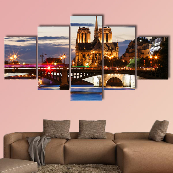 Notre Dame Cathedral at night, Paris, France multi panel canvas wall art