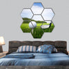 Playing golf, Golf club and ball hexagonal canvas wall art