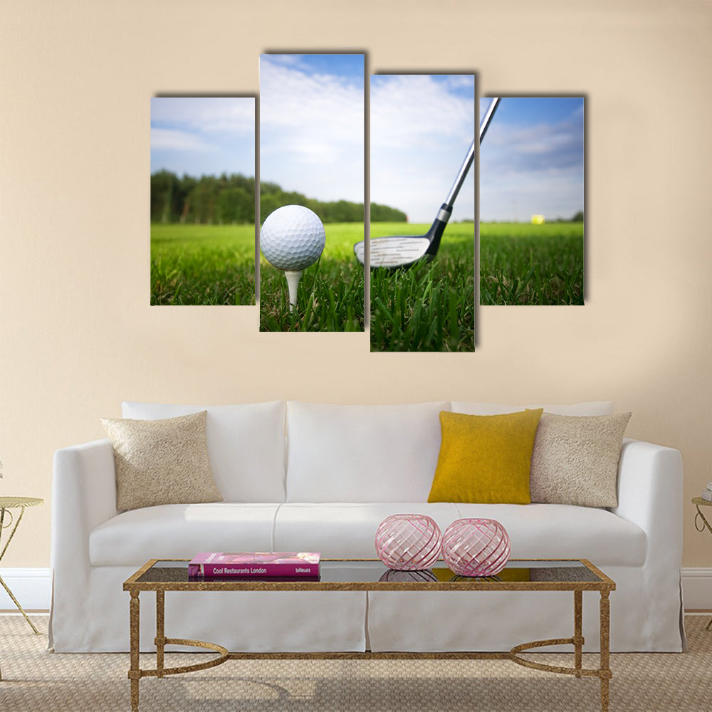 Playing golf. Golf club and ball. Preparing to shot Multi Panel Canvas Wall Art