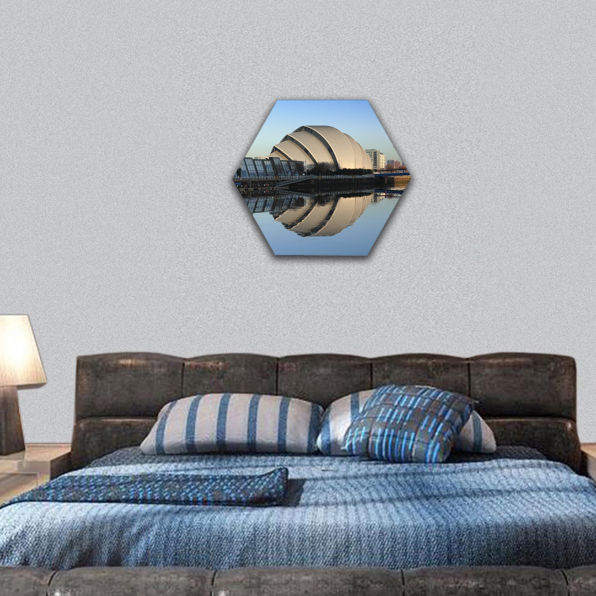 Glasgow's Armadillo in winter reflected off River Clyde hexagonal canvas wall art