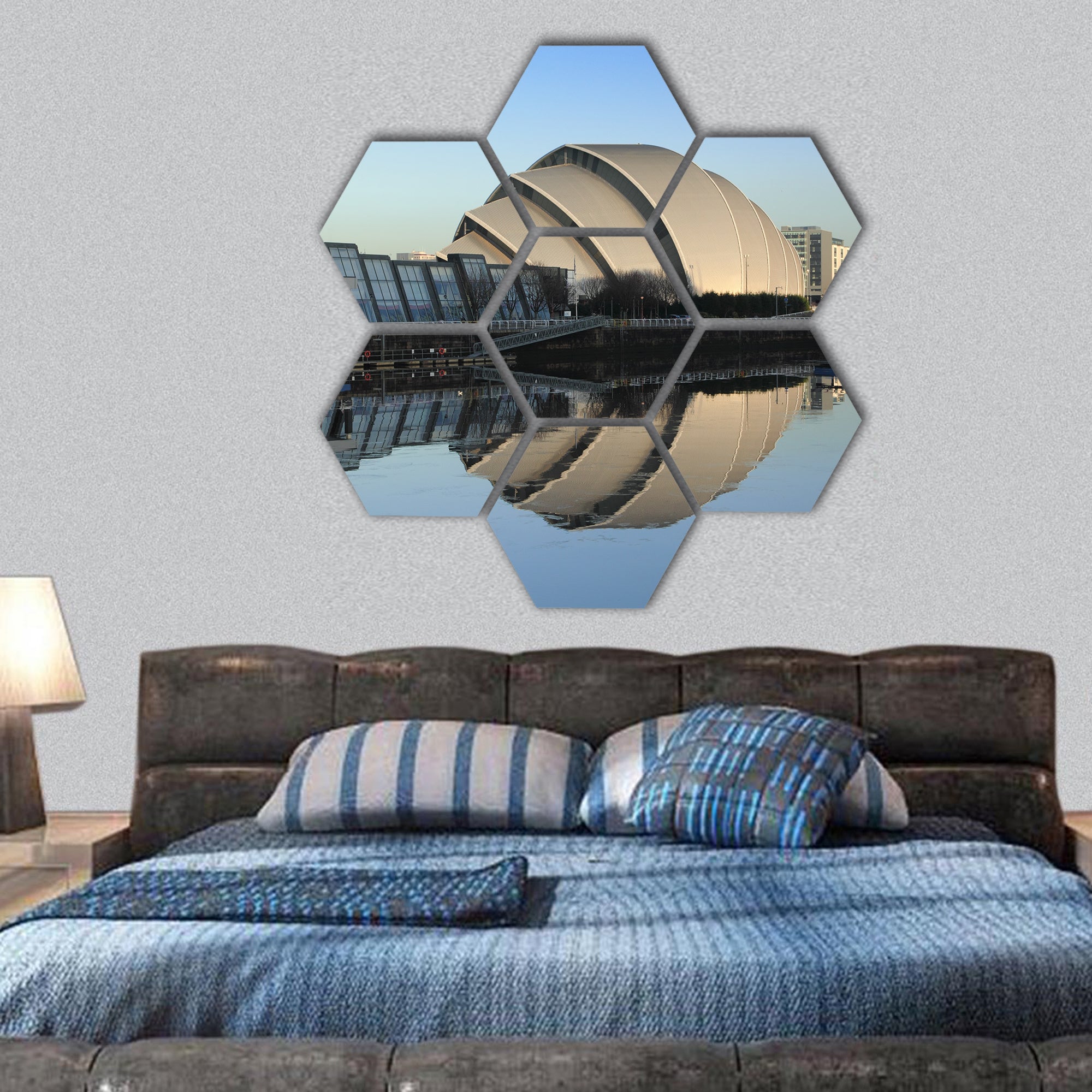 Glasgow's Armadillo in winter reflected off River Clyde hexagonal canvas wall art