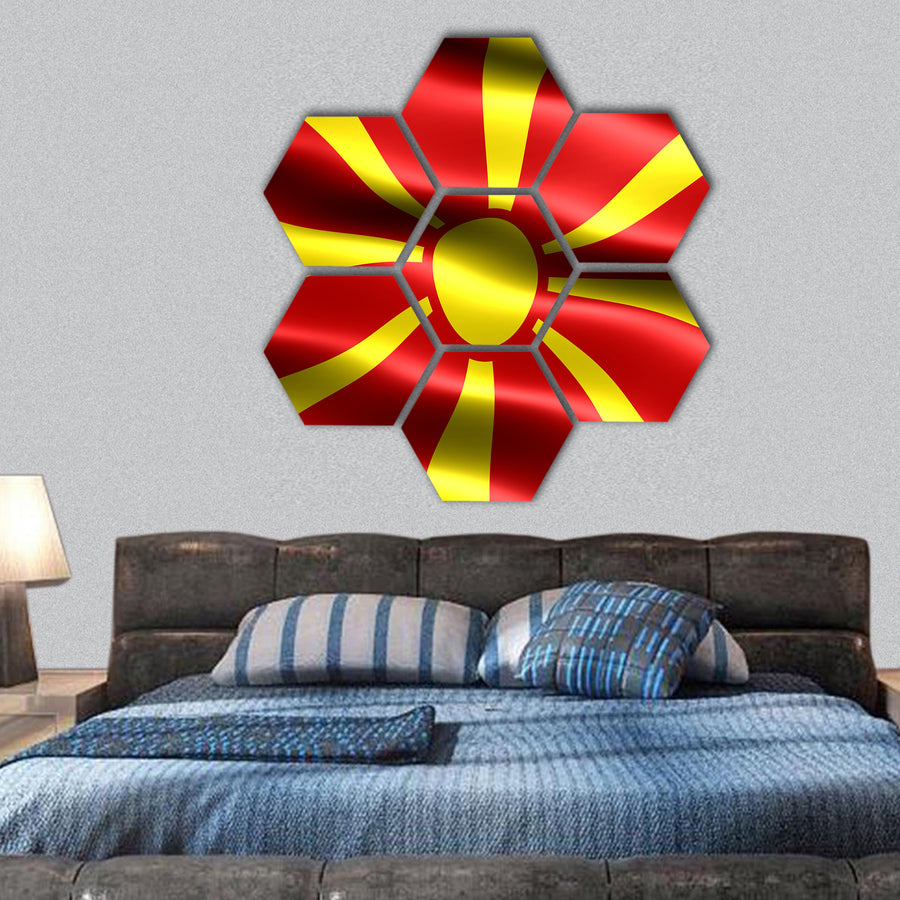 flag of Republic of Macedonia with silky appearance and waves hexagonal canvas wall art