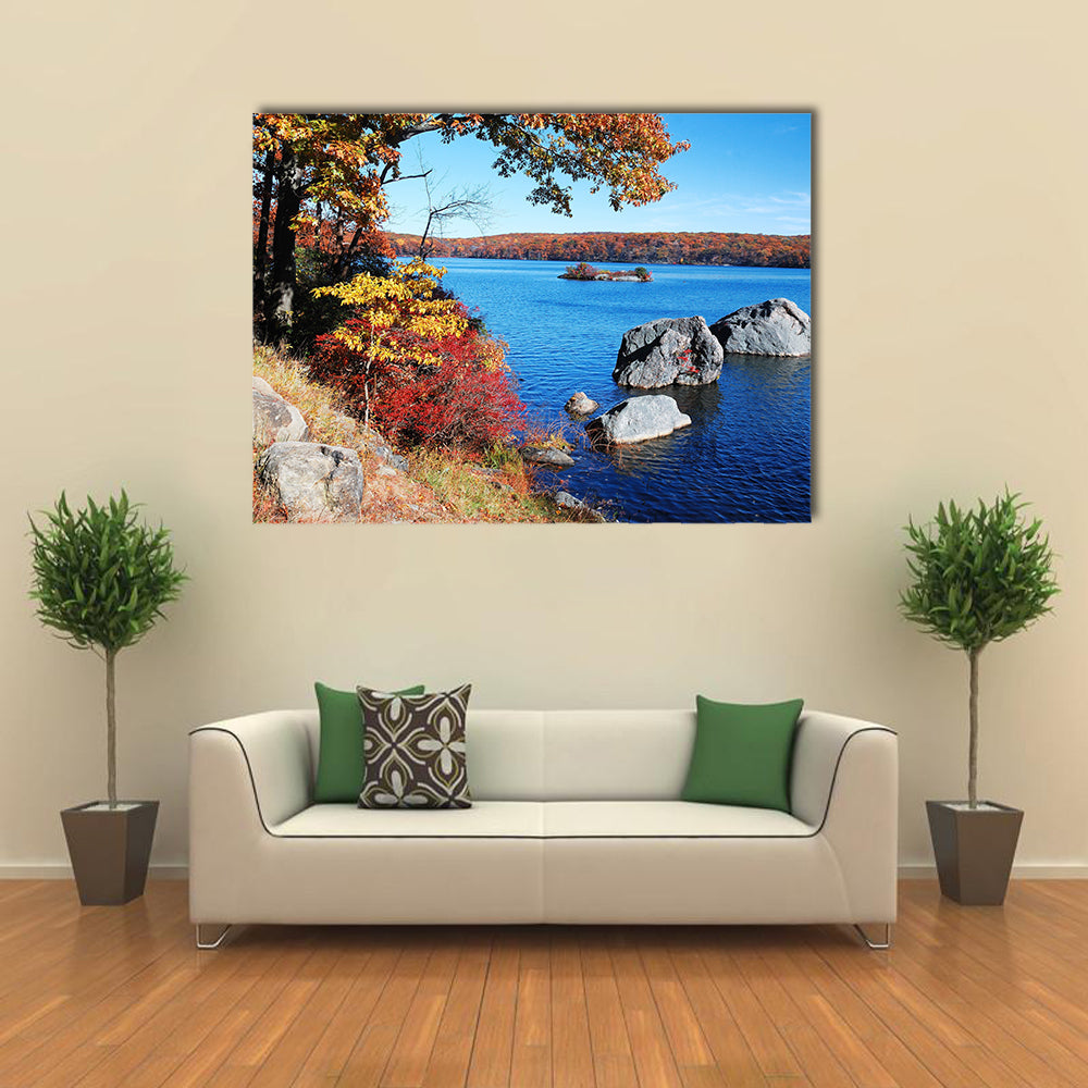 Autumn Mountain with lake view and colorful foliage in forest multi panel canvas wall art