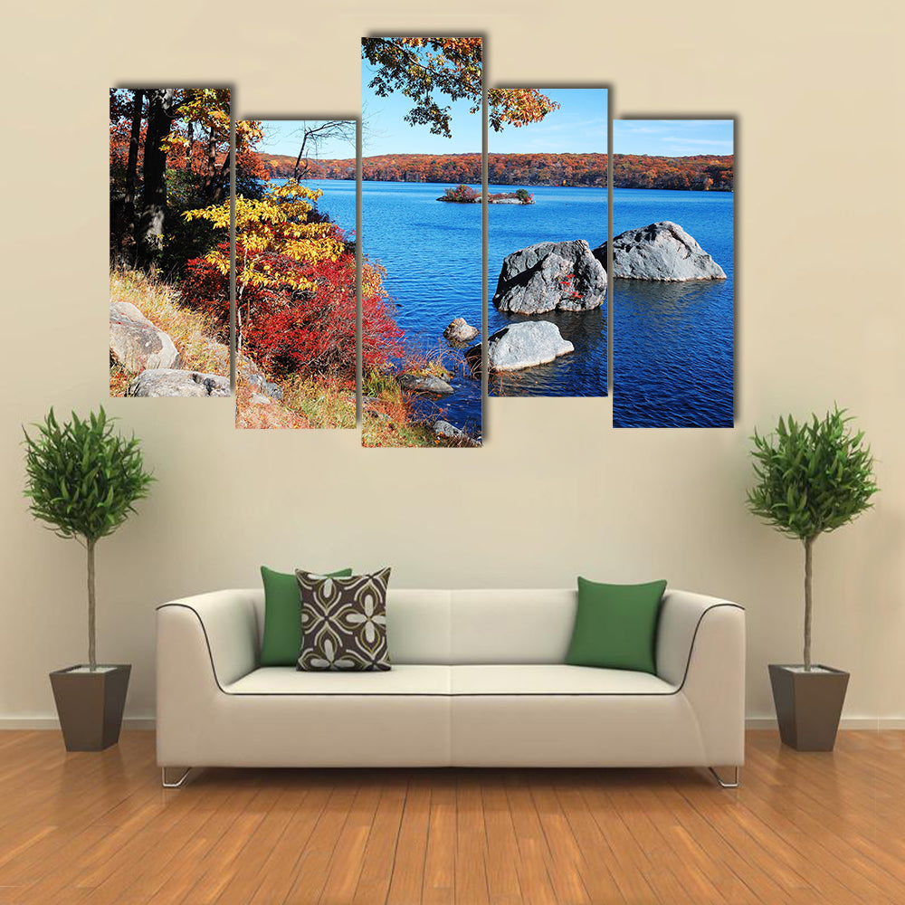 Autumn Mountain with lake view and colorful foliage in forest multi panel canvas wall art