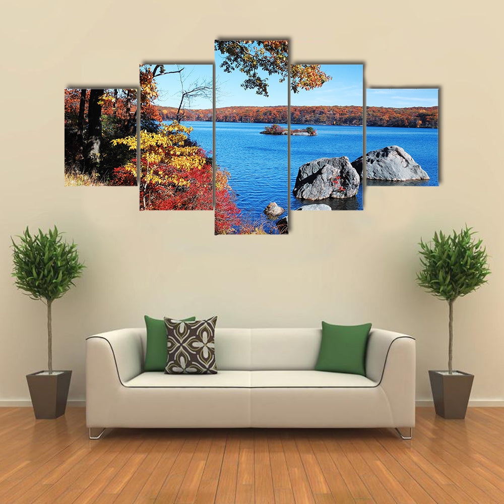Autumn Mountain with lake view and colorful foliage in forest multi panel canvas wall art