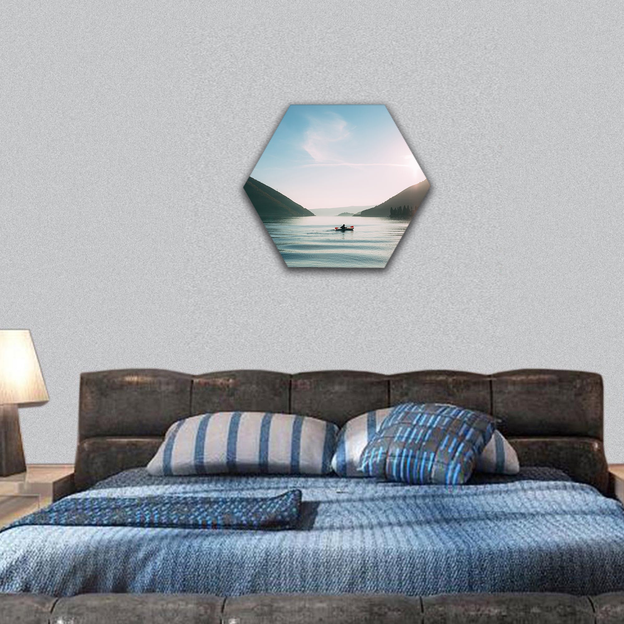 Kayaks in the lake hexagonal canvas wall art
