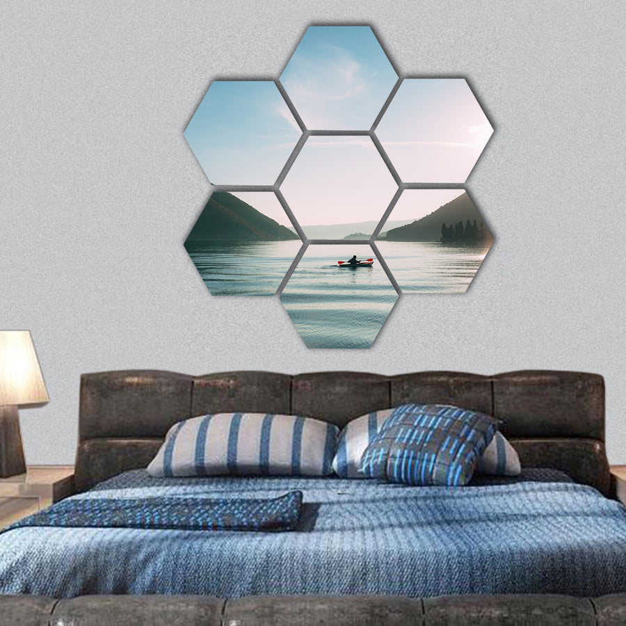 Kayaks in the lake hexagonal canvas wall art