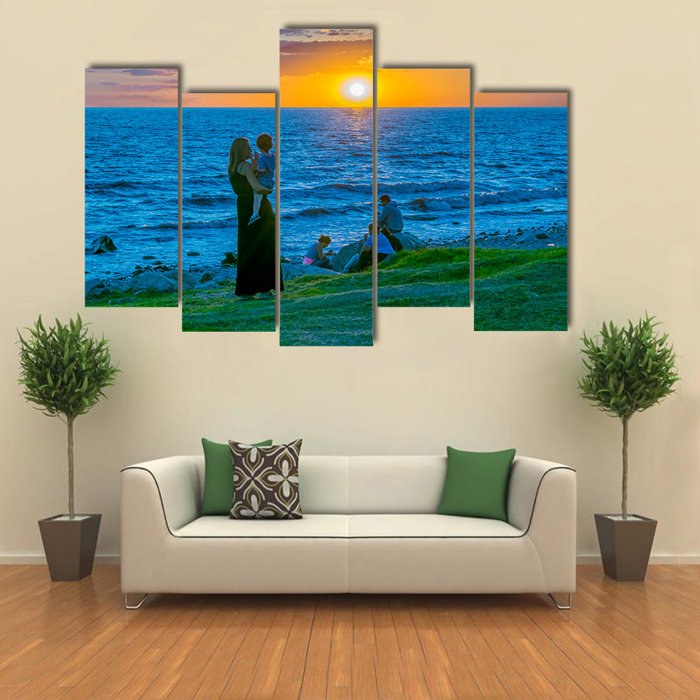 Sunset summer scene at waterfront park at coast of Montevideo city, Uruguay Multi panel canvas wall art