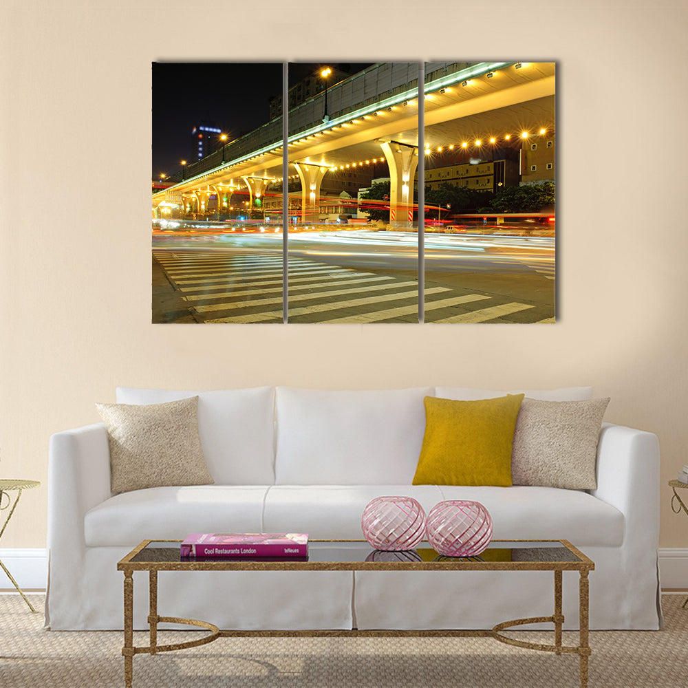 High-speed vehicles bright light trails multi panel canvas wall art
