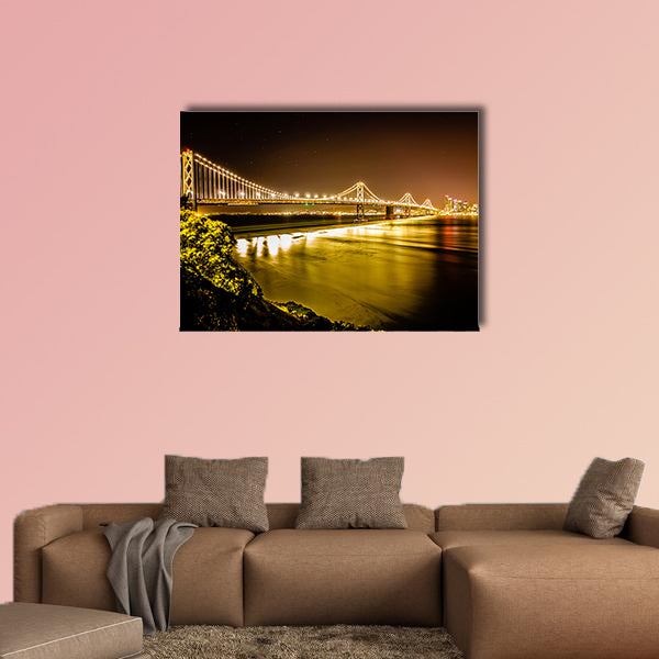 Oakland bay bridge in California at night with San Francisco skyline wall art