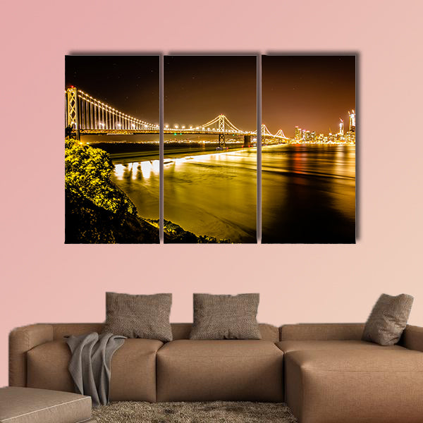 Oakland bay bridge in California at night with San Francisco skyline wall art