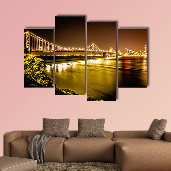 Oakland bay bridge in California at night with San Francisco skyline wall art