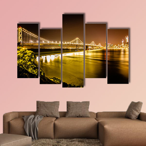 Oakland bay bridge in California at night with San Francisco skyline wall art