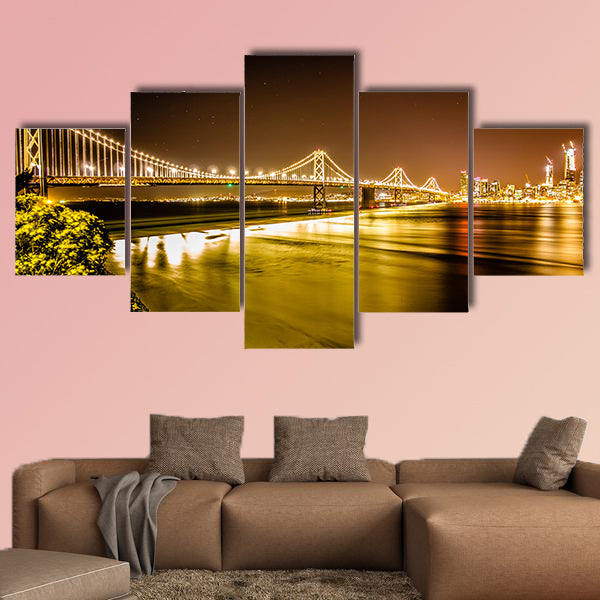 Oakland bay bridge in California at night with San Francisco skyline wall art