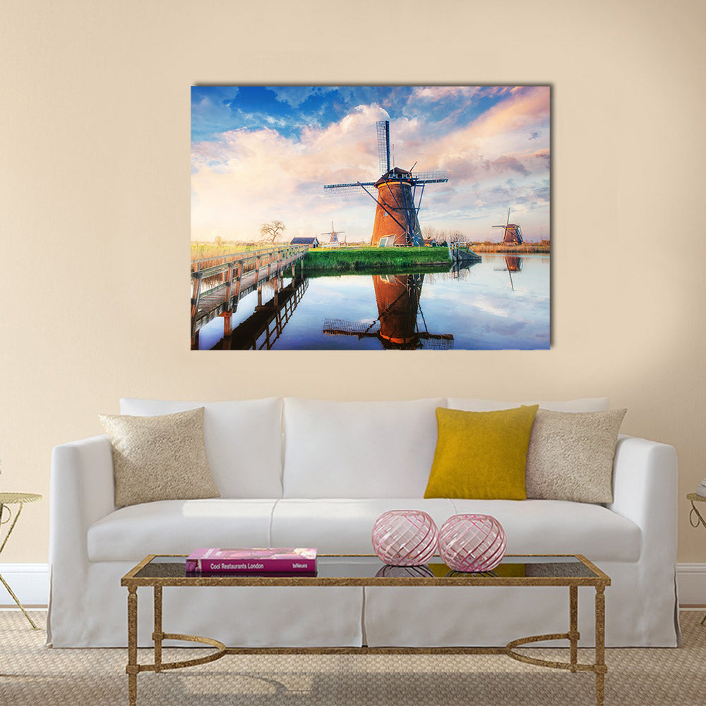 Traditional Dutch windmills from the channel Rotterdam Multi panel canvas wall art