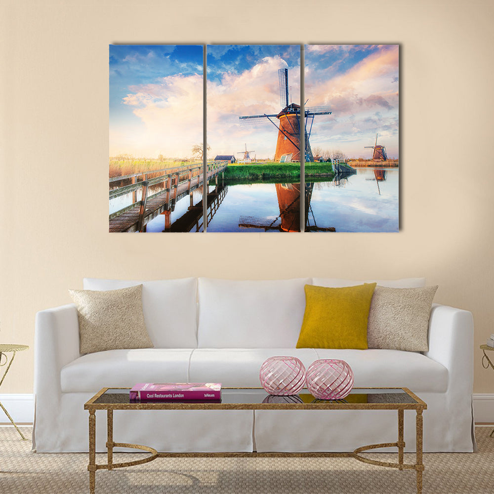 Traditional Dutch windmills from the channel Rotterdam Multi panel canvas wall art