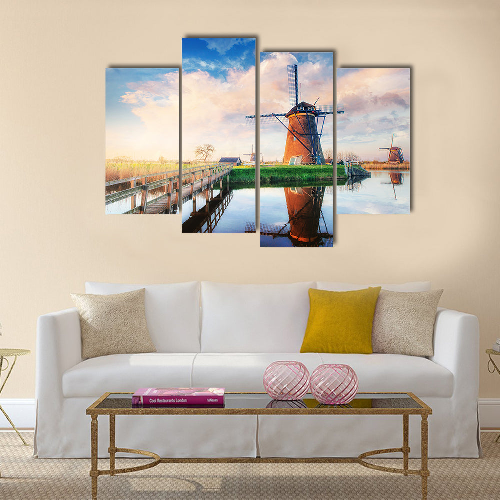 Traditional Dutch windmills from the channel Rotterdam Multi panel canvas wall art