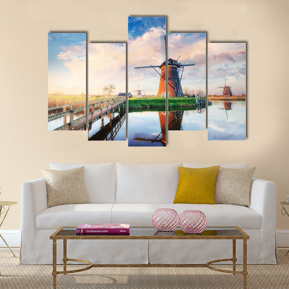 Traditional Dutch windmills from the channel Rotterdam Multi panel canvas wall art