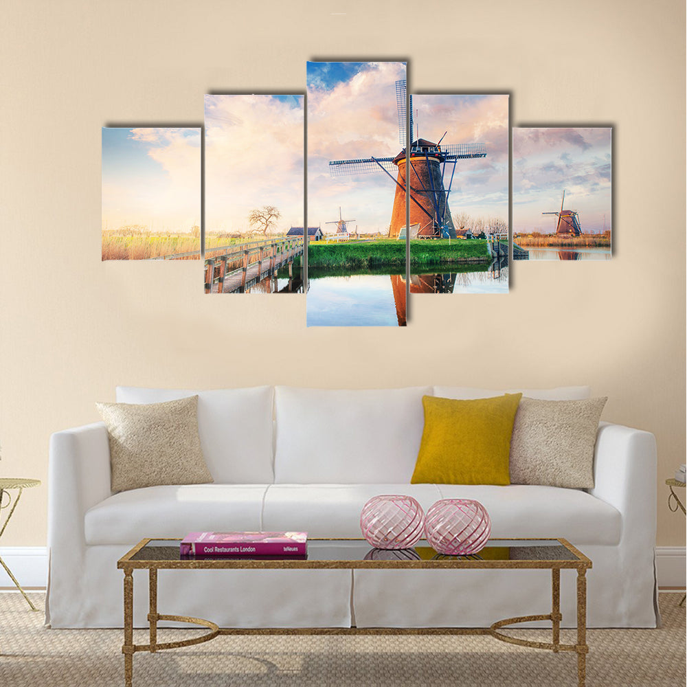 Traditional Dutch windmills from the channel Rotterdam Multi panel canvas wall art