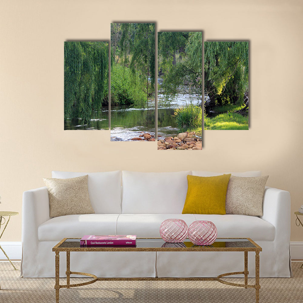 River flowing past willow trees Multi Panel Canvas Wall Art