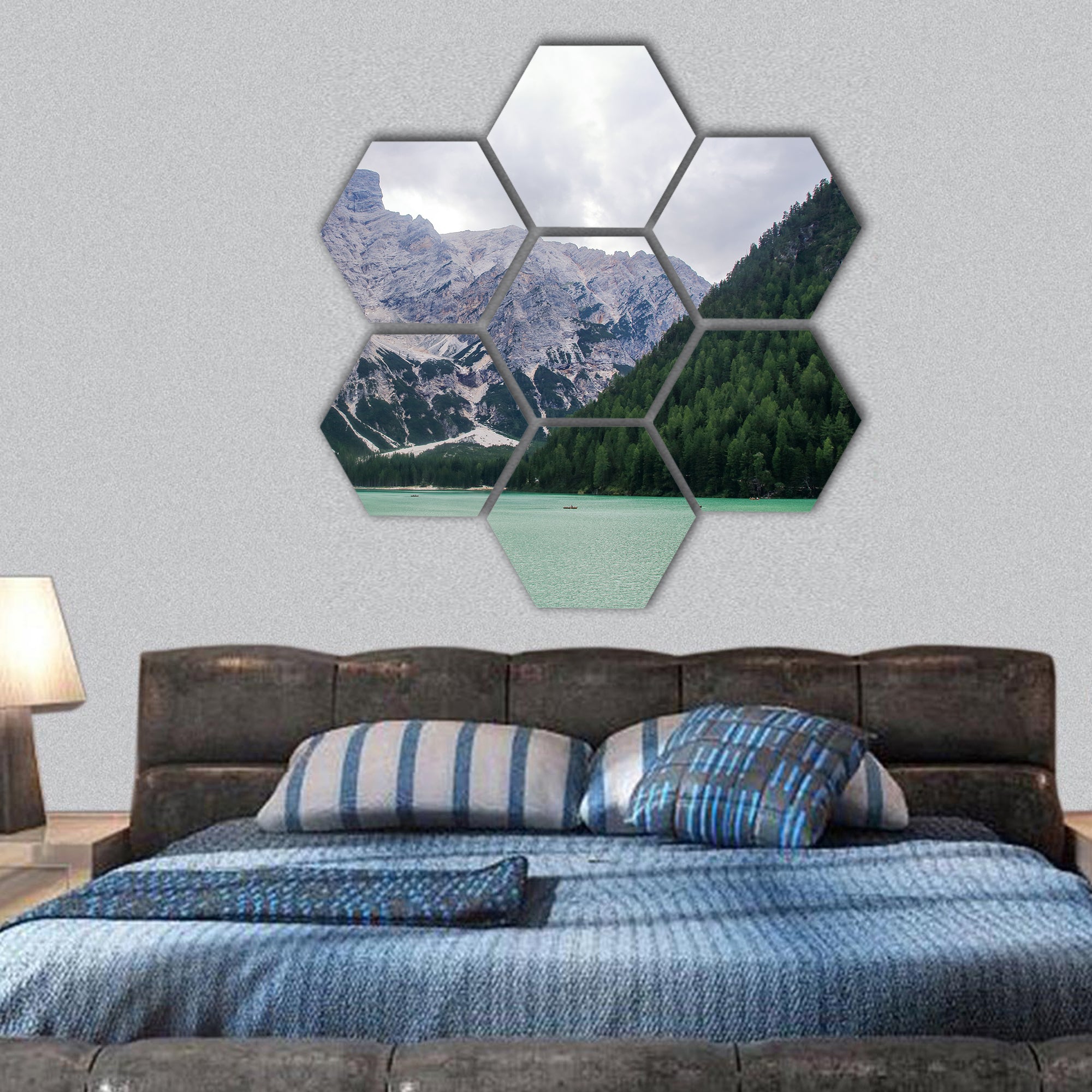 Emerlad water of lake of Braies in Alto Adige, Italy hexagonal canvas wall art