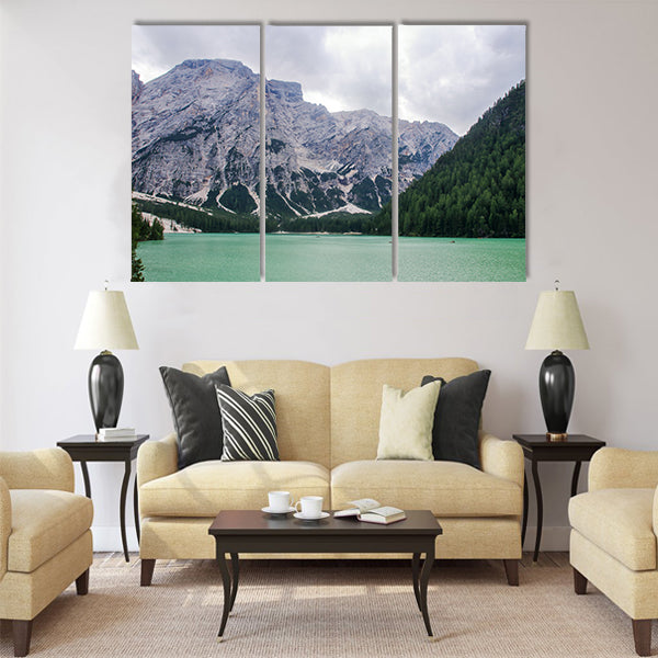The emerlad water of lake of Braies in Alto Adige multi panel canvas wall art