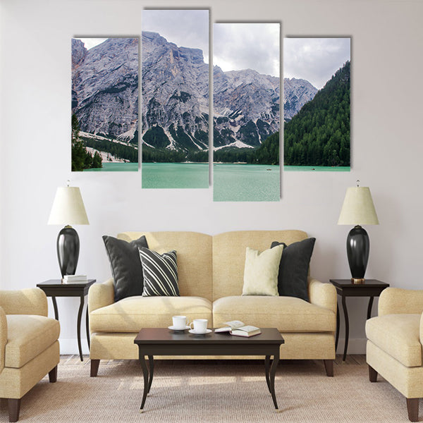 The emerlad water of lake of Braies in Alto Adige multi panel canvas wall art