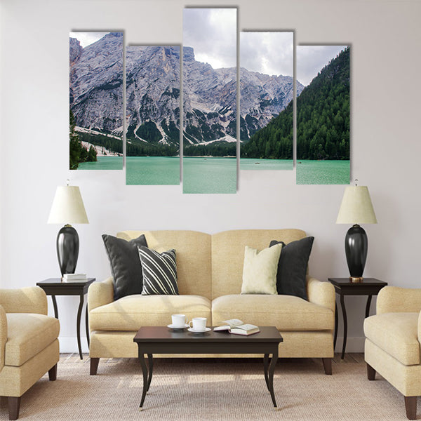 The emerlad water of lake of Braies in Alto Adige multi panel canvas wall art