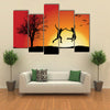 man and girl holding hands and jumping on hill near bare tree, orange background multi panel canvas wall art