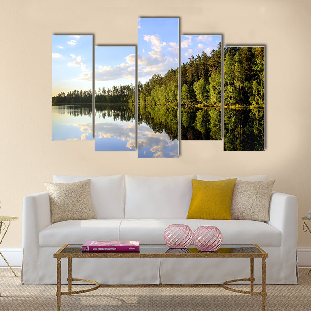 Amazing view of reflection of clouds and trees multi panel canvas wall art