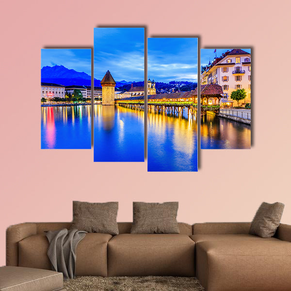 Historic city center with its famous Chapel Bridge multi panel canvas wall art