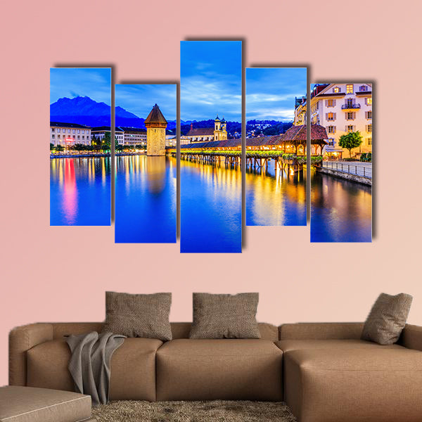 Historic city center with its famous Chapel Bridge multi panel canvas wall art