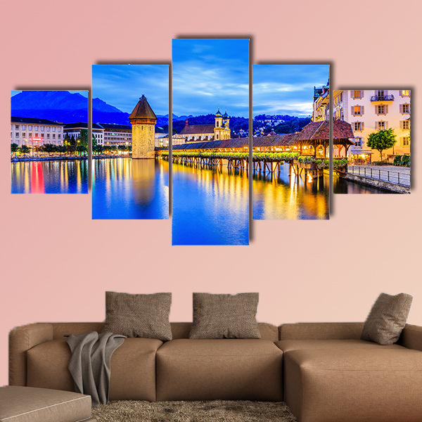 Historic city center with its famous Chapel Bridge multi panel canvas wall art