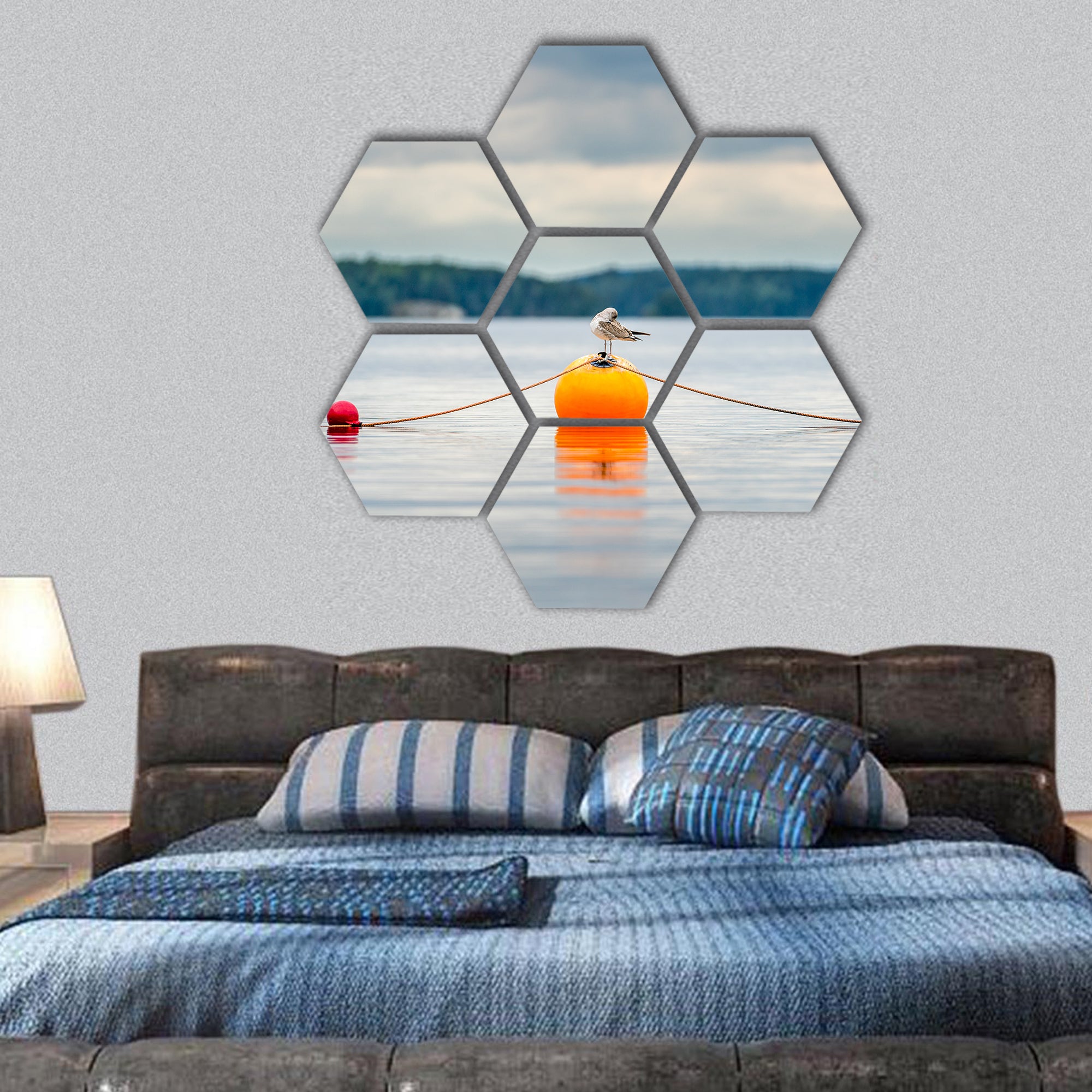 Seagull bird standing on an orange buoy on a lake hexagonal canvas wall art
