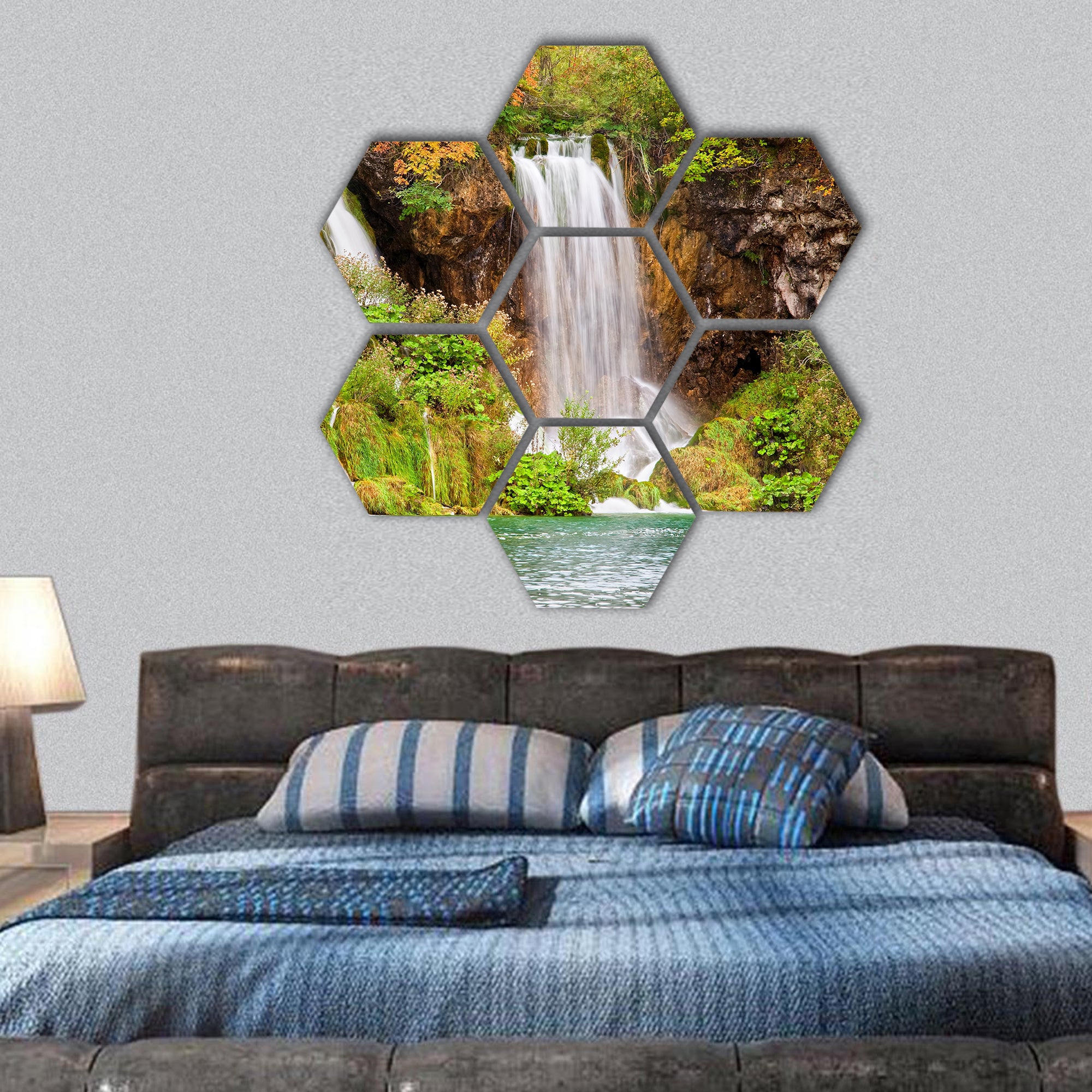 waterfalls in a picturesque autumn of the Plitvice Lakes hexagonal canvas wall art