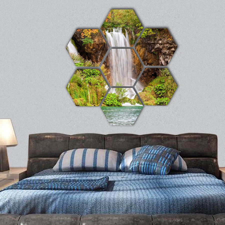 waterfalls in a picturesque autumn of the Plitvice Lakes hexagonal canvas wall art