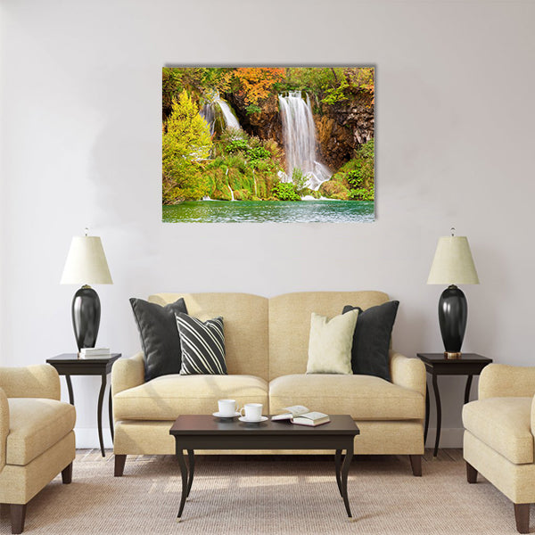 Scenic waterfalls in a picturesque autumn Multi Panel Canvas Wall Art