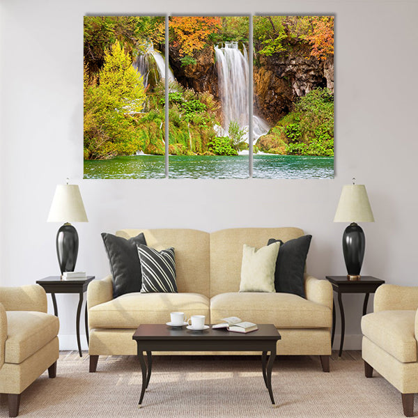 Scenic waterfalls in a picturesque autumn Multi Panel Canvas Wall Art