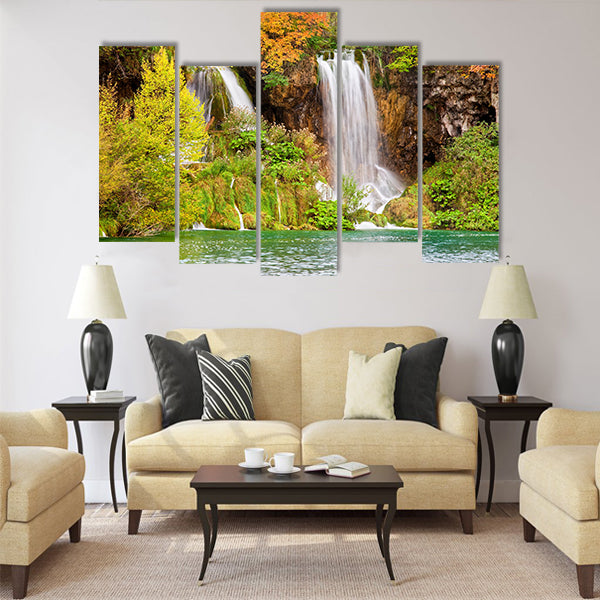 Scenic waterfalls in a picturesque autumn Multi Panel Canvas Wall Art