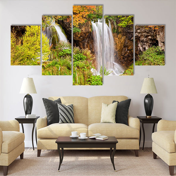 Scenic waterfalls in a picturesque autumn Multi Panel Canvas Wall Art