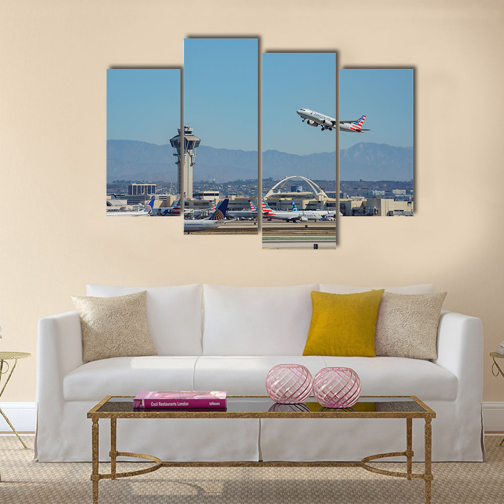 American Airline take off from the busy Los Angeles International Airport multi panel canvas wall art