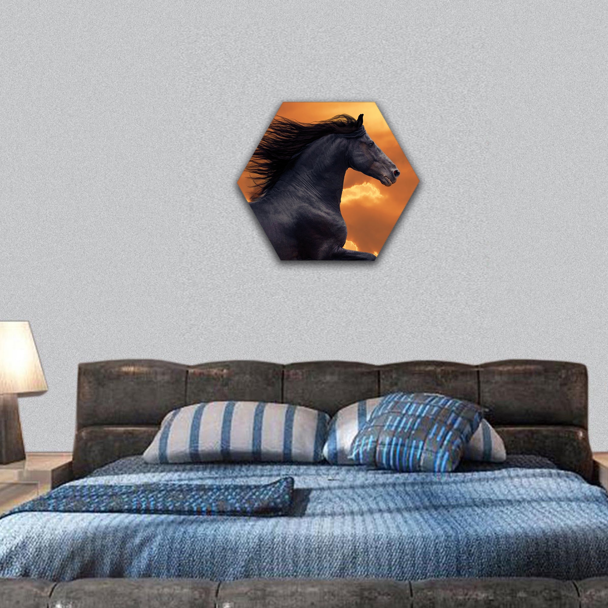 Portrait of galloping frisian horse hexagonal canvas wall art