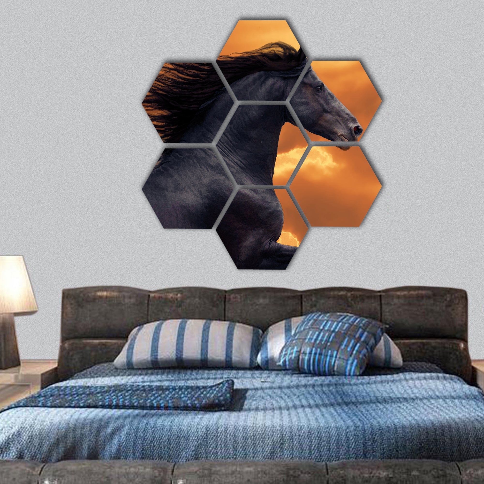 Portrait of galloping frisian horse hexagonal canvas wall art