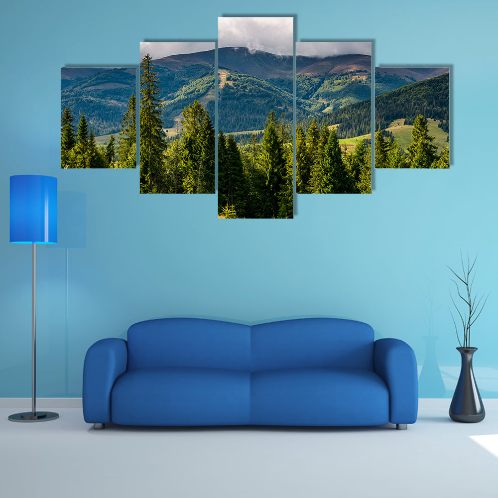 Spruce trees on hillside on cloudy day in a gorgeous weather in Carpathain Mountains multi panel canvas wall art